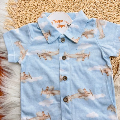 Conj. Camisa Aviões e Bermuda em Linho - Azul Claro e Areia